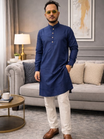 প্রিমিয়াম কটন পাঞ্জাবি পায়জামা সেট (কালার-নেভি ব্লু)
