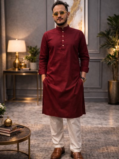 প্রিমিয়াম কটন পাঞ্জাবি পায়জামা সেট (কালার-মেরুন)