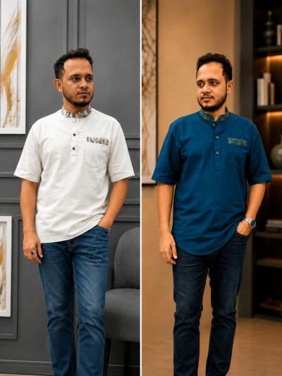 রেমি কটন কাতুয়া(কালার -Off white+Pettol)